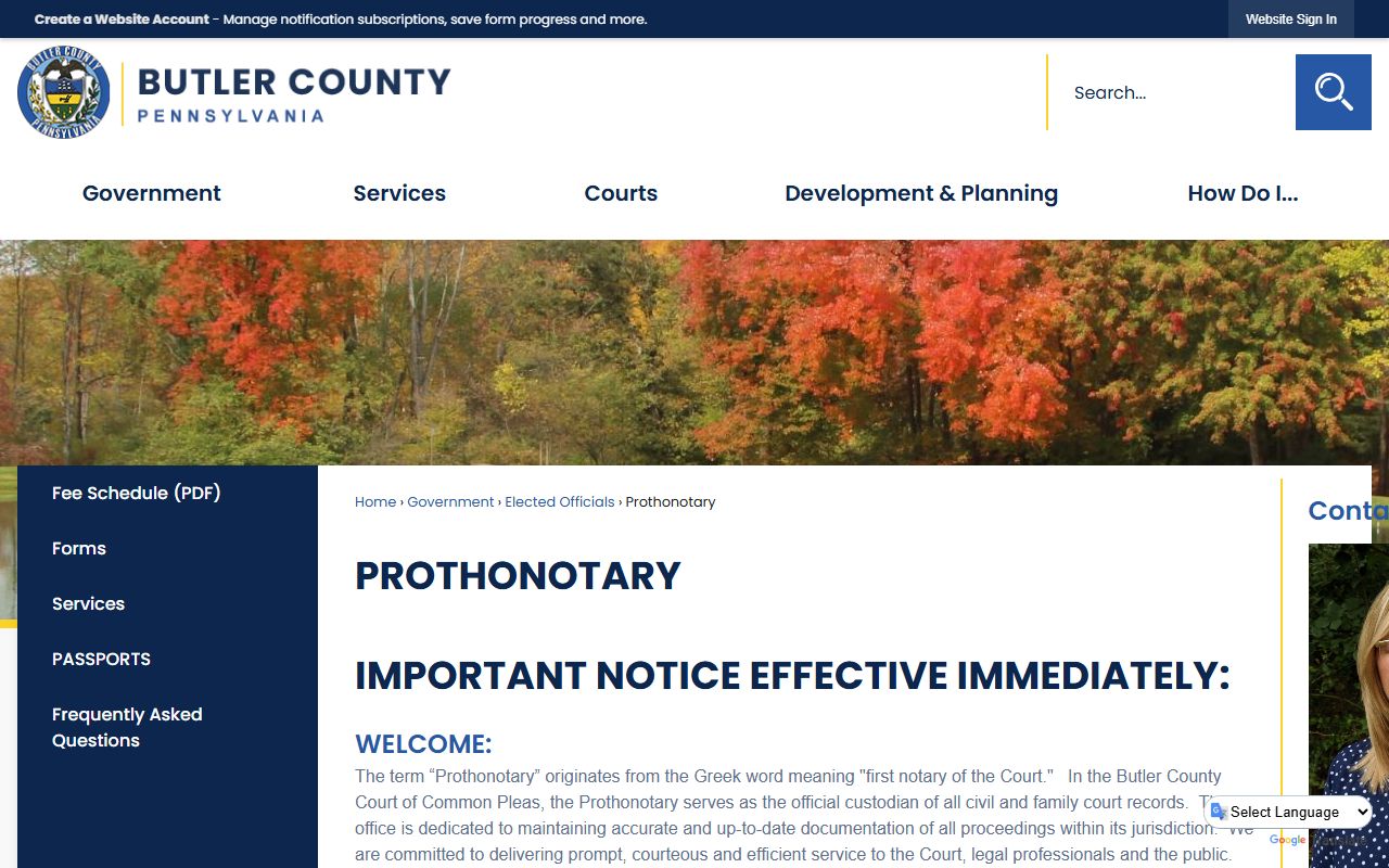 Butler County Prothonotary office page for civil court records