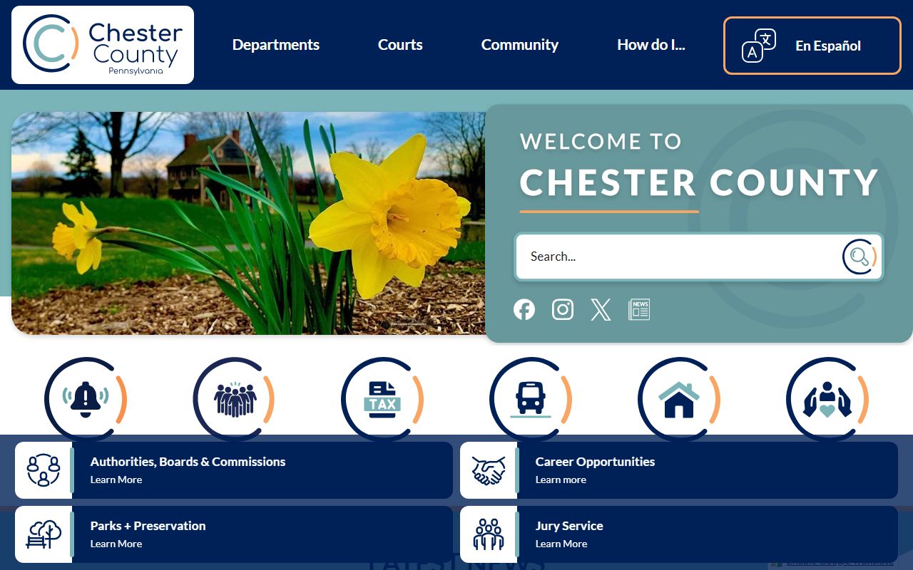Chester County government website with links to court services and civil records