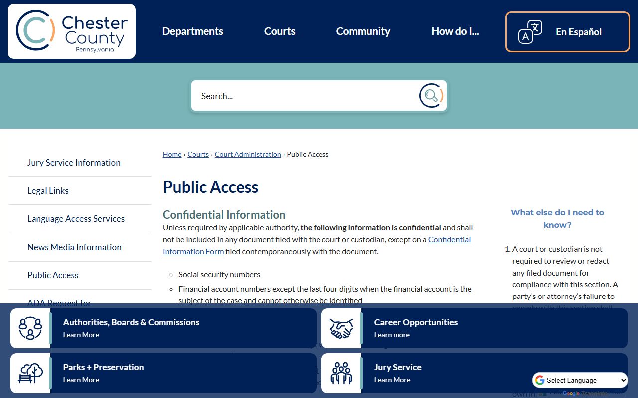 Chester County public access information page for court records