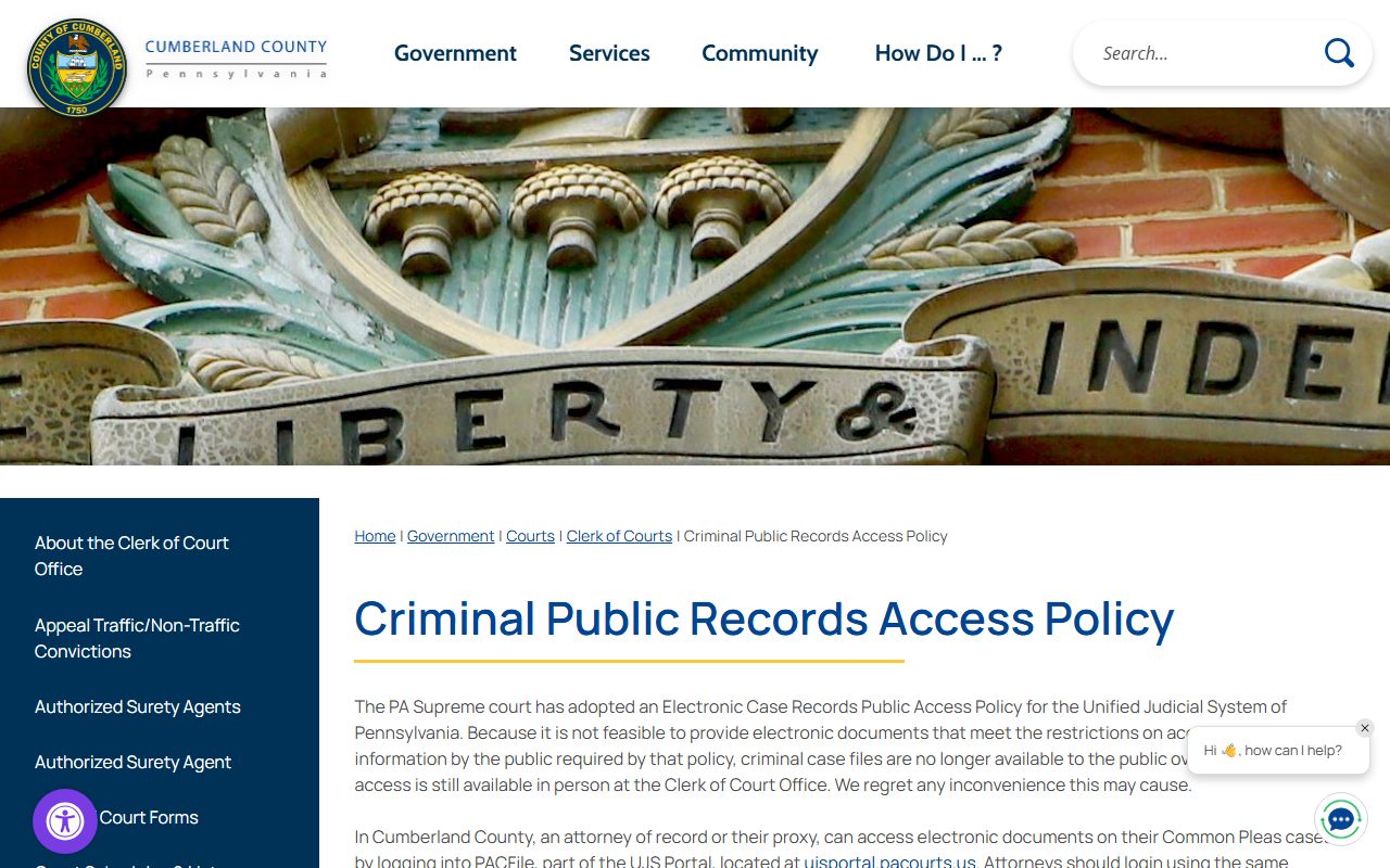 Cumberland County public access portal for civil court records