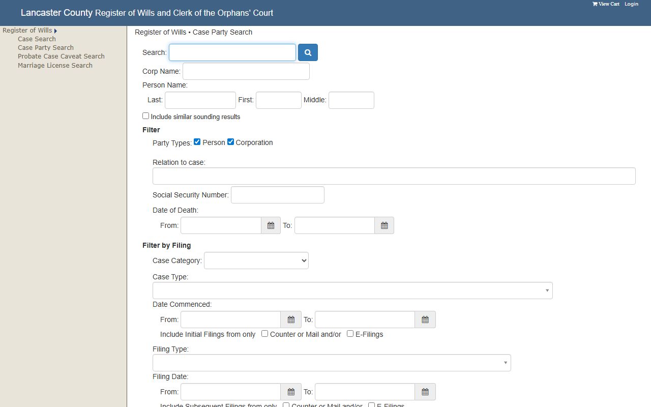 Lancaster County case search page for civil court records