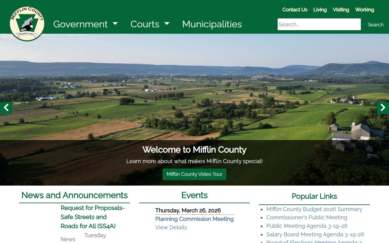 Mifflin County government website for civil court records and county services