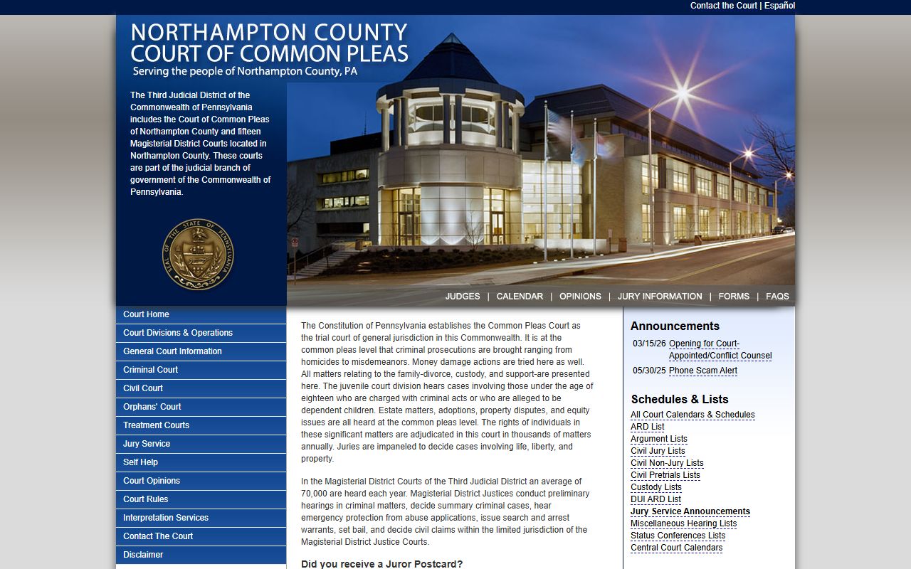 Northampton County courts page for civil court records