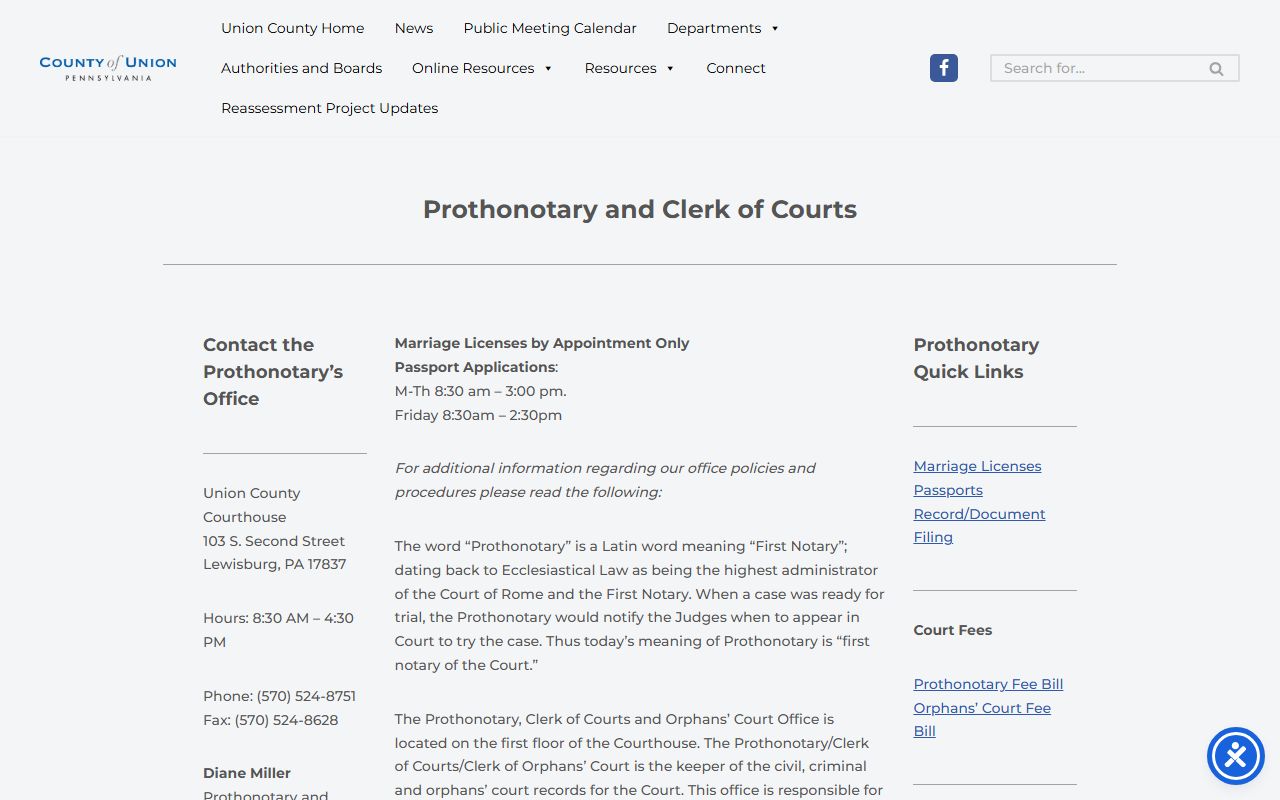 Union County Prothonotary office page for civil court records