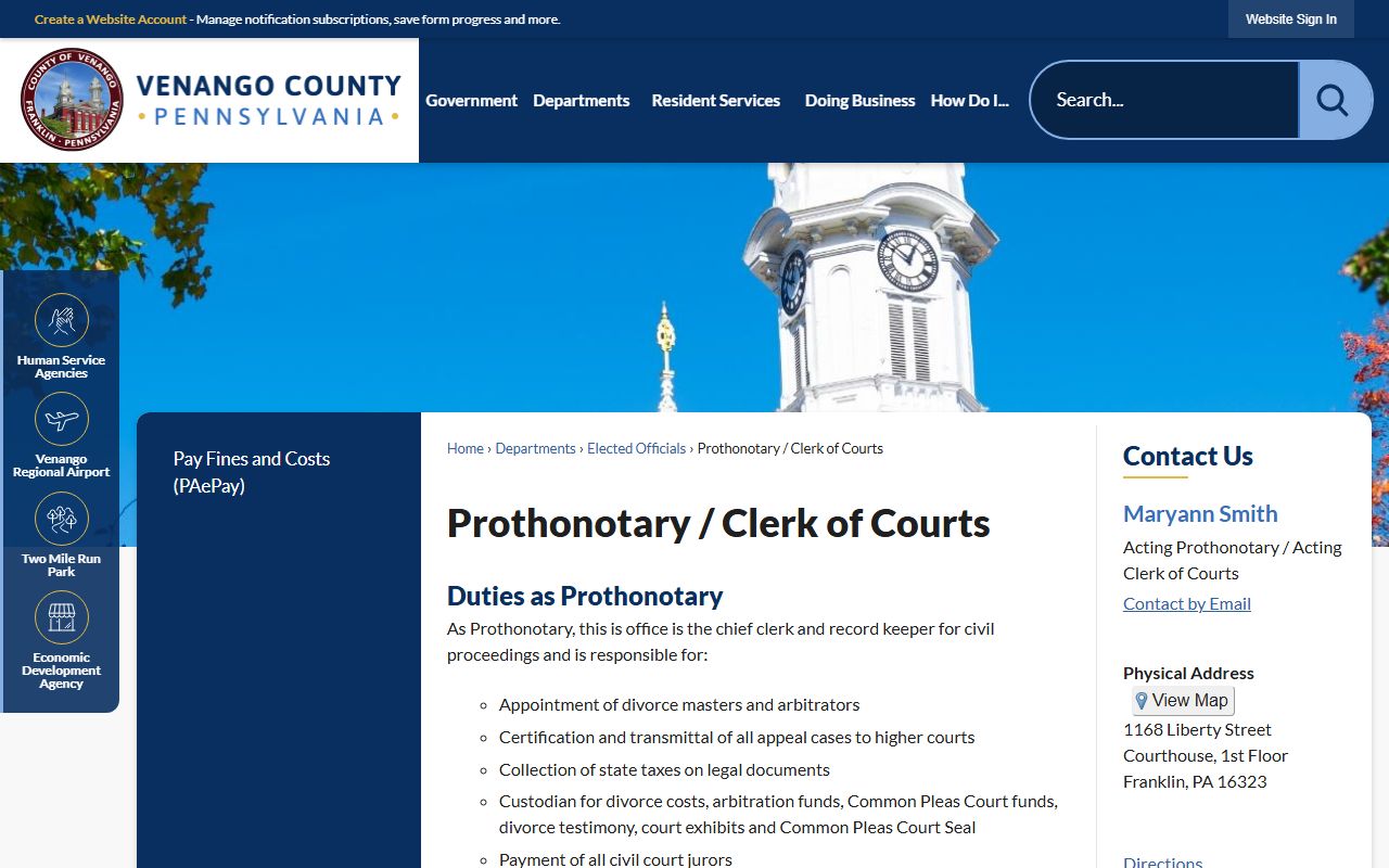 Venango County Prothonotary office page for civil court records