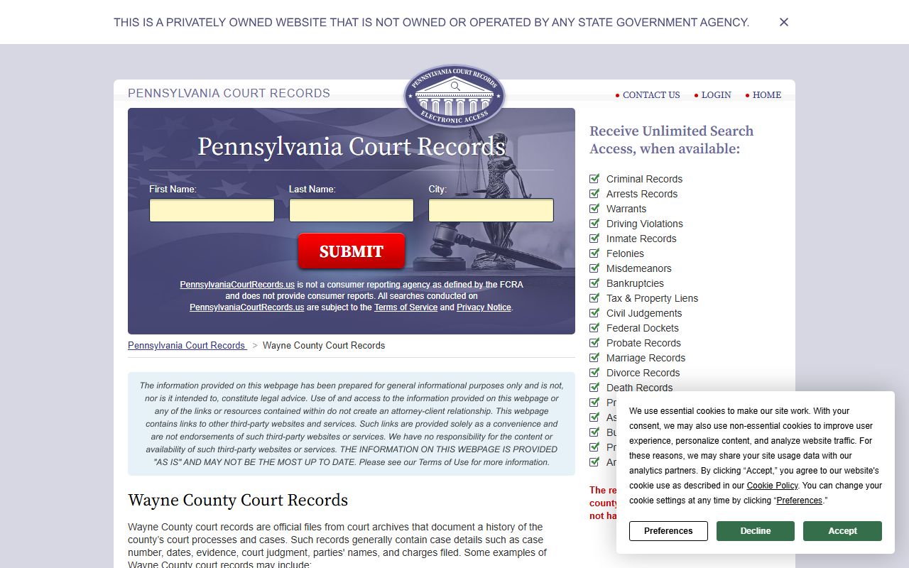 Wayne County court records page for civil case searches
