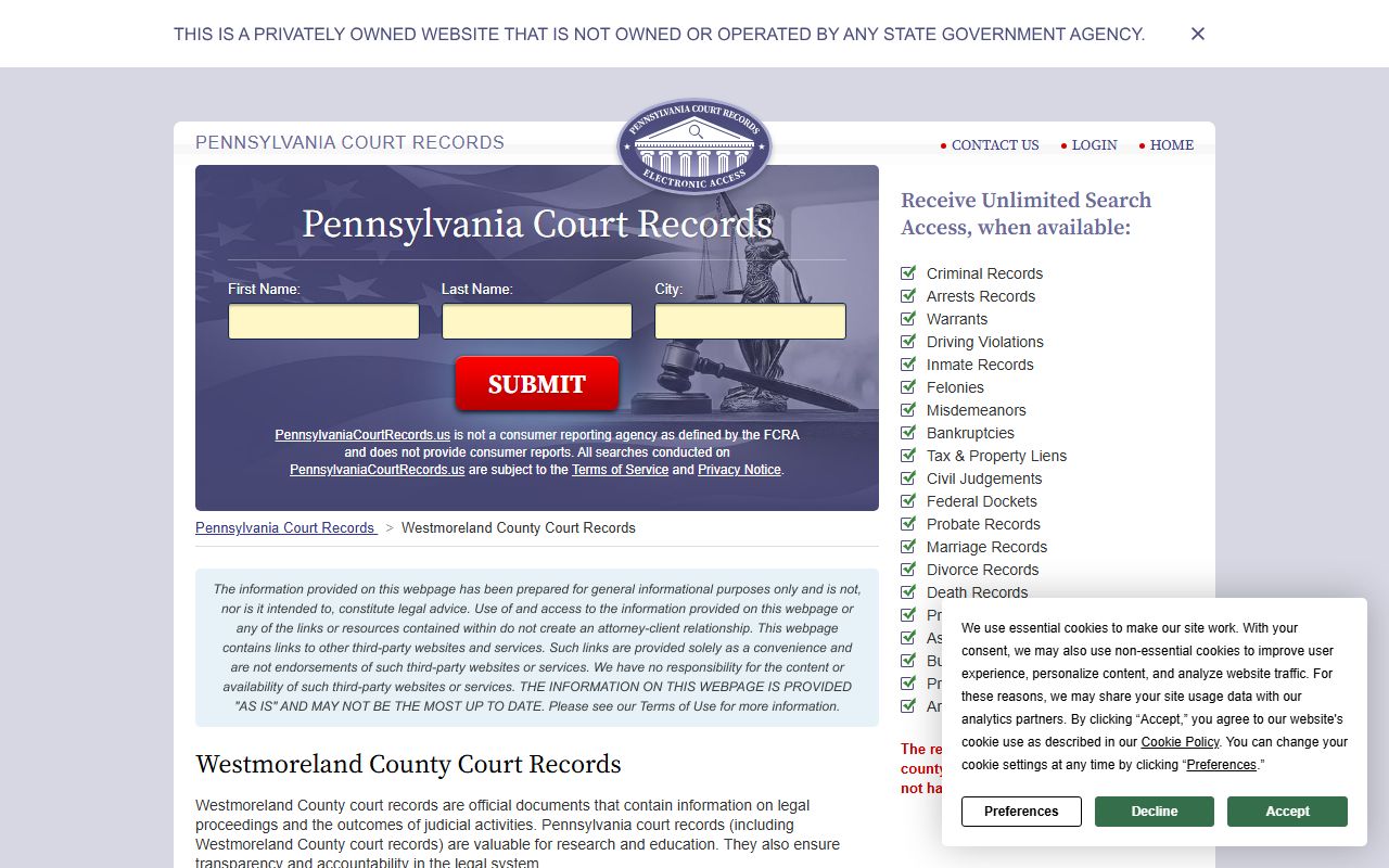 Westmoreland County court records page for civil case searches