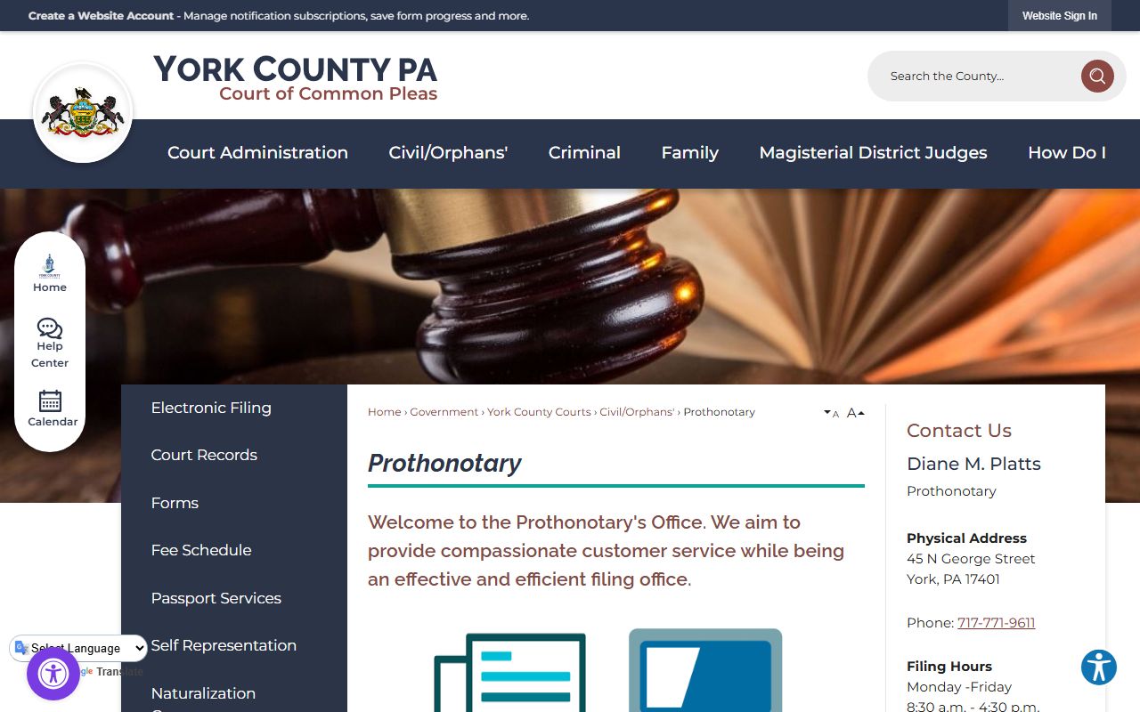 York County Prothonotary page for civil court records access
