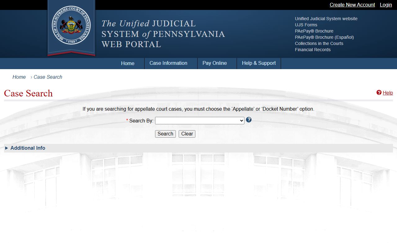 Pennsylvania Courts case search interface for civil court records