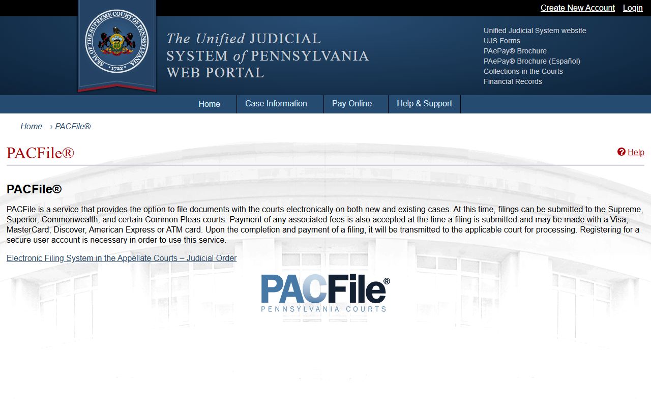 Pennsylvania Courts PACFile e-filing system for civil court records