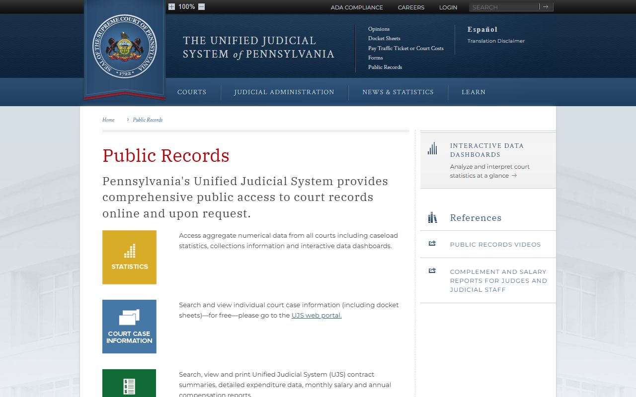 Pennsylvania Courts public records page for civil court records access