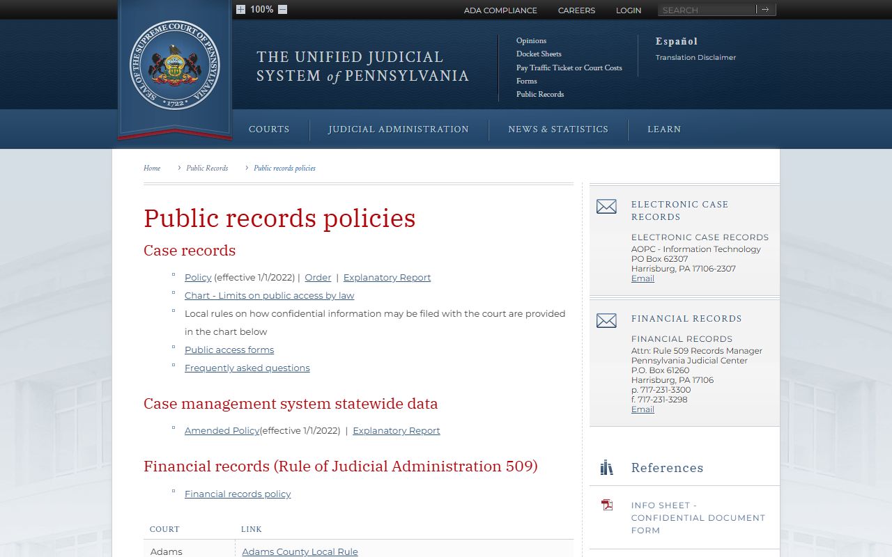 Pennsylvania Courts public records policies for civil court records