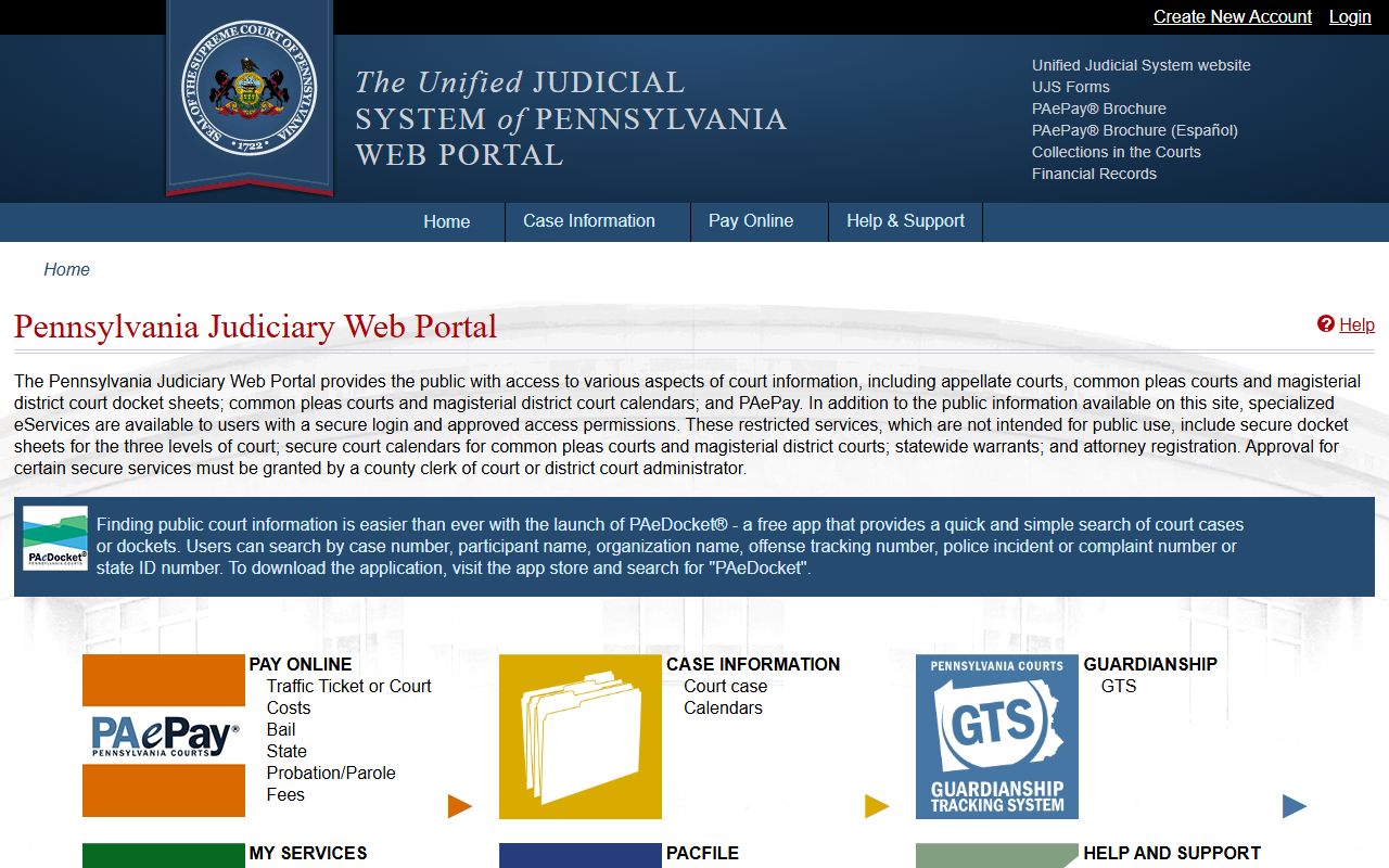Pennsylvania UJS Web Portal main page for civil court records search